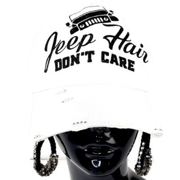 Jeep Hair Don't Care White Distressed Cap with Swarovski Crystals. - Picture 1 of 3